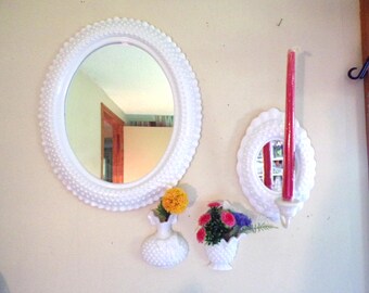 Vintage 5 Piece Set Homco Oval White Hobnail Wall Mirror, 18" x 15" x 2", Mirrored Candle Sconce, Butterfly and Pair of Wall Pockets, USA