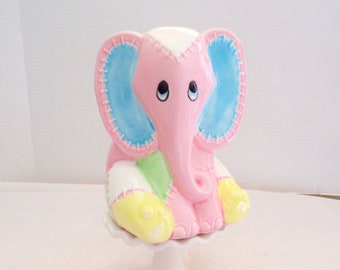 Childs Pink, Blue, Yellow baby Elephant Piggy Bank For Kids or Baby Nursery, Coin, Money, Savings, Ceramic