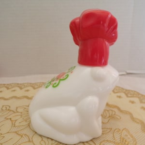 Vintage Avon Handy Frog Hand Lotion Jar, Milk Glass Froggy Chef Decanter, Empty Bottle