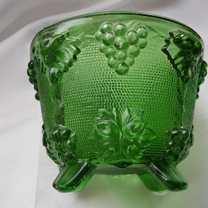 Footed Emerald Candy Dish With Grape and Leaf Pattern by Jeanette