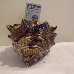 Puede incluir: Un cerámico en forma de concha marina en tonos marrones y verdes, con una ranura en la parte superior. Un billete de 100 dólares estadounidenses está parcialmente insertado en la ranura. El banco tiene una superficie texturizada y un acabado brillante.