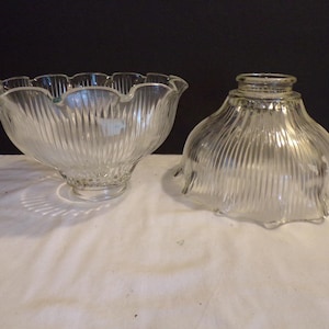 Vintage Prismatic Ribbed Glass Replacement Light Shade, Flared Scalloped Edge Pendant or Ceiling Fixture Cover, Pair Shades, 2 1/2&quot; Fitter
