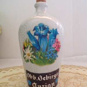 Vintage Georg Hemmeter Germany Stoneware Liquor Jug with Shot Cup, Flowering Mountain Rose Herb, German Products