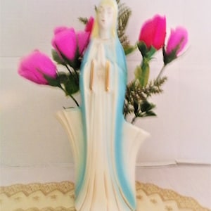 Vintage Praying Madonna Ceramic Flower Planter by American Bisque, Virgin Mary In Blue and Gold Robe, USA