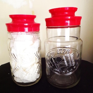 Vintage Maxwell House/Tang Canister Jars with Red Lid by Anchor Hocking 1 QT. Also, a 1776 Bicentennial Canister Jar 2 Piece Set