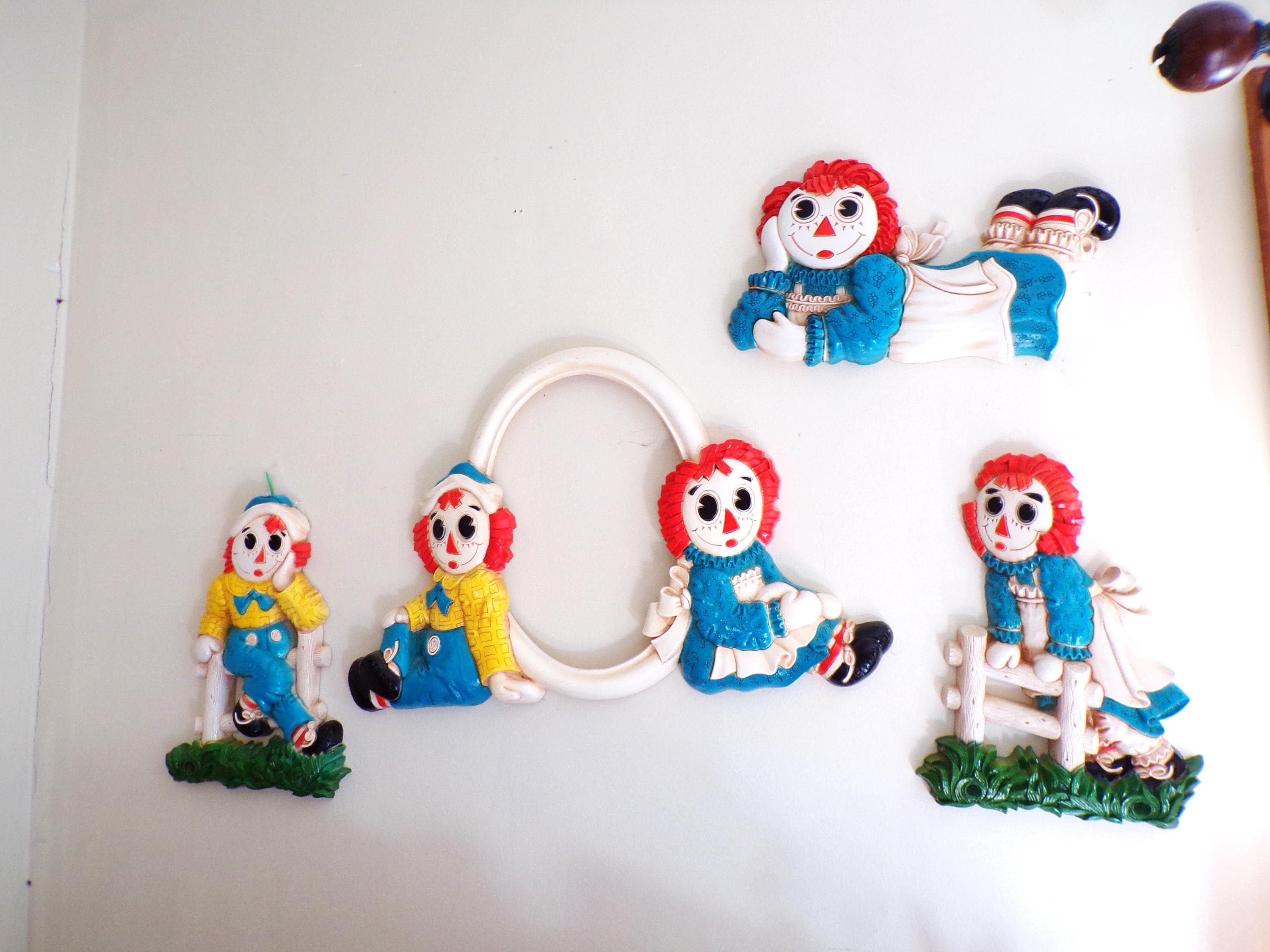 Vintage Raggedy Ann and Andy Wall Mirror 4 Piece Set, 1977 Bobbs