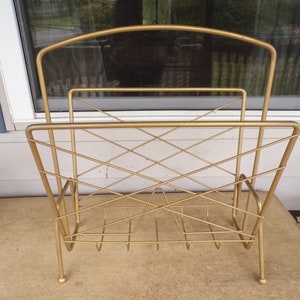 Vintage Magazine Record LP Rack Antique Gold Metal MCM Album Rack, Art Deco
