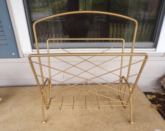 Vintage Magazine Record LP Rack Antique Gold Metal MCM Album Rack, Art Deco