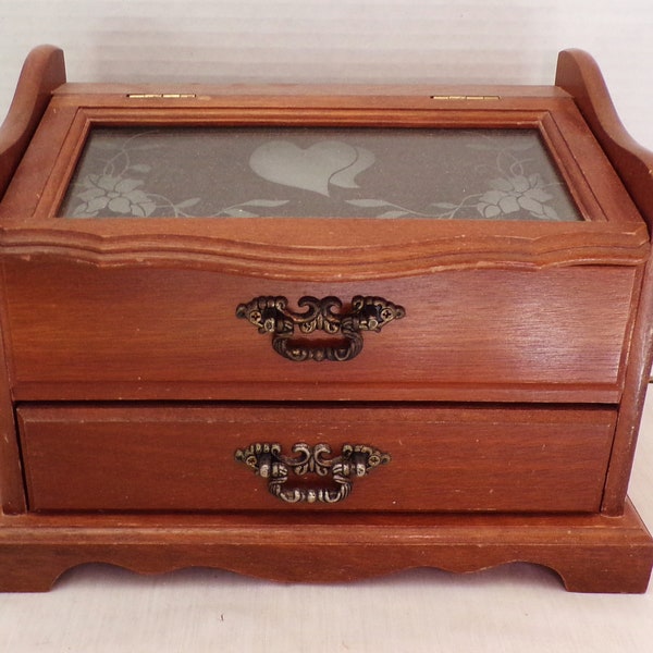 Vintage 1 Drawer Jewelry Box with Flip Top Glass See Through Lid, Additional Compartment with Ring Slots, USA