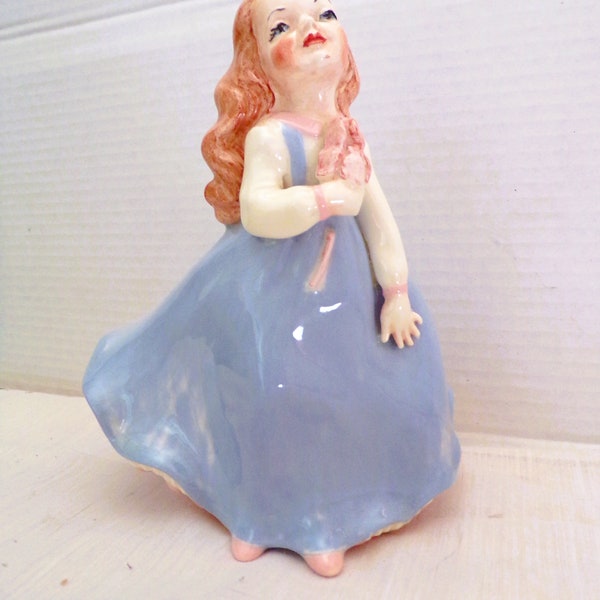 Vintage Beautifully Hand Painted Ceramic Girl In Flowing Blue Dress by Holland Mold 7" Tall