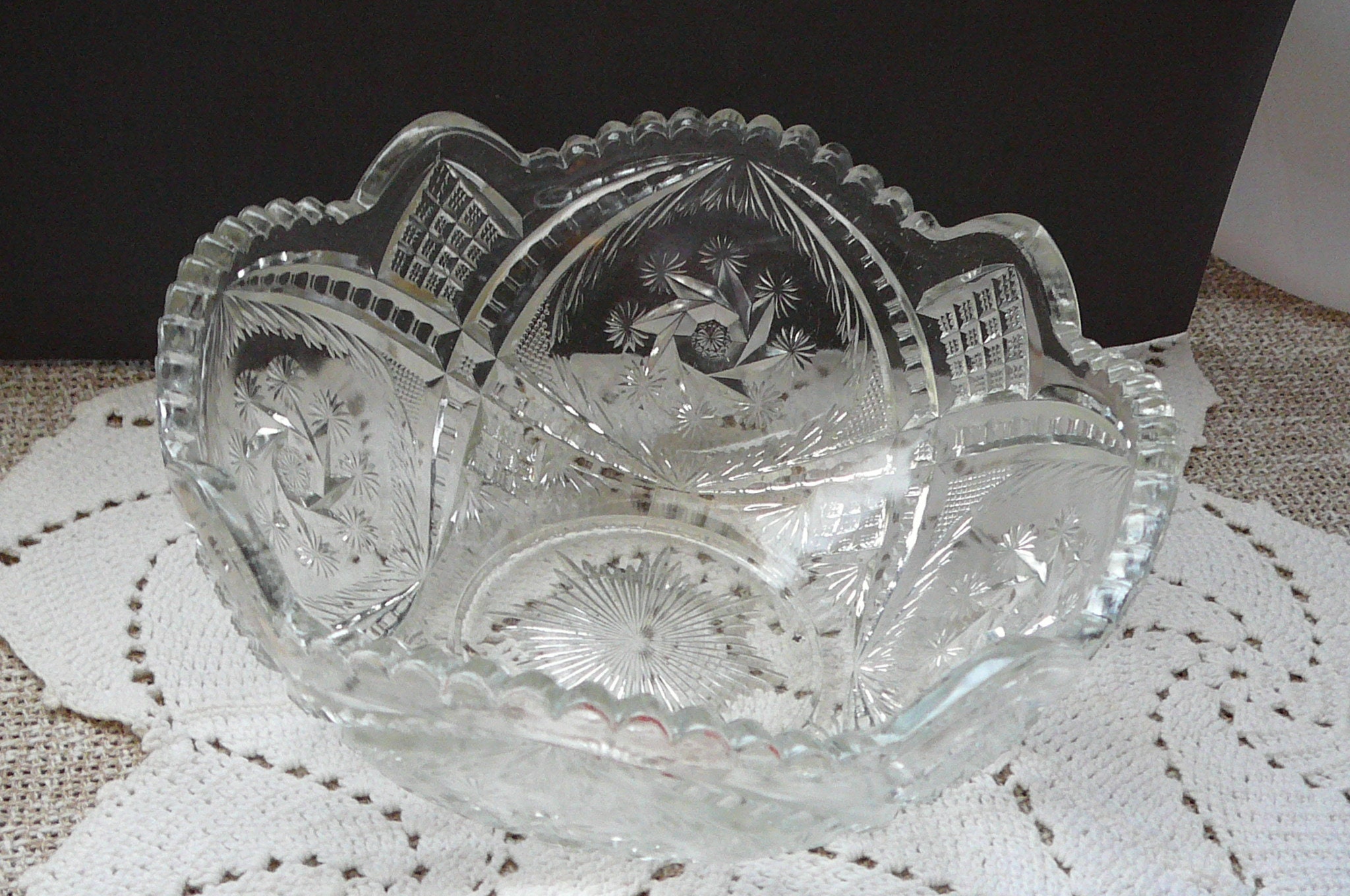 Vintage Cut Crystal Geometric Sawtooth American Brilliant Centerpiece Bowl