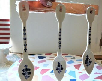 Vintage Stoneware hand Decorated Spoon Set with Copper Hanger Rack