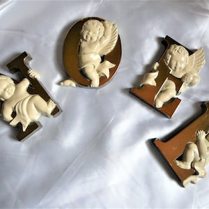 Vintage NOEL Wandbild Weihnachtsengel von Burwood 4pz #2866 Gold & Weiß