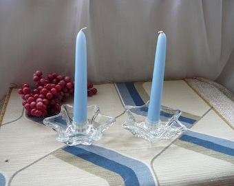 Vintage Star Shaped Taper Candle Holder Set Clear Glass Five Point Set Taper Candle Holders