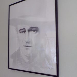 Vintage John Wayne Früher Film Bleistiftporträt von Gary Saderup, gerahmt 17 "x 12" x 1" Litho