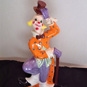 Vintage 12&quot; Clown Figurine Hand Painted Top Hat Dapper Cane 1976 by Atlantic Mold