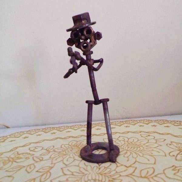 Vintage Folk Art Gangster Figurine Scrap Metal, Homemade from Washers, Bolts, Screws, Solder and More