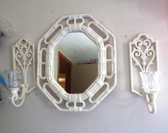 Vintage 10 Piece Set Homco 17x14 Faux Bamboo Rattan Octagon Wall Mirror, 3 Flowers, Mantle Shelf and Candle Sconces with Votive, Homco USA