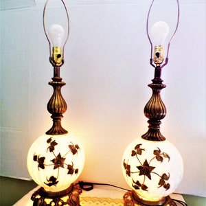 Pair Hollywood Regency Table Lamps, Gold Bronze Cast Metal Reverse Painted White Globe with Applied Roses & Ivy, Hedco, Up To Code, USA