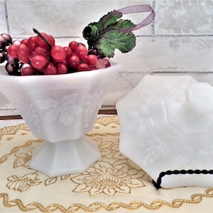 Vintage Milk White Compote Candy Dish and Lid Stippled Glass with Grape Motif  by ANCHOR HOCKING