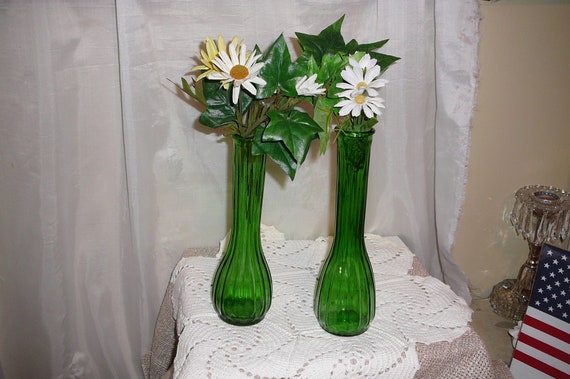 Buy Bud Vase Emerald Green Flower Vases, (2) Ribbed With Scalloped