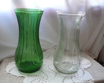 Vintage Flower Vases Hoosier Ribbed Glass Pair, Wedding, Funeral, Home Decor