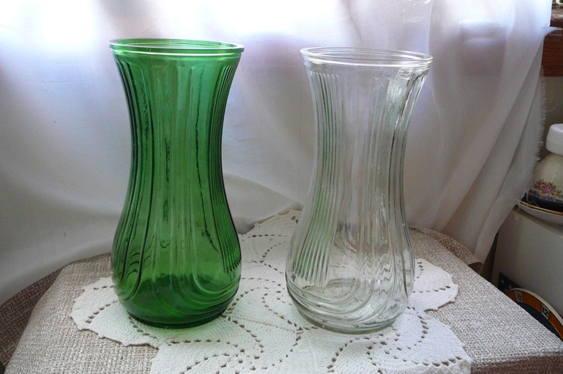 Vintage Flower Vases Hoosier Ribbed Glass Pair, Wedding, Funeral, Home Decor image 1