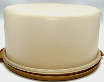 Vintage Tupperware Cake Taker Carrier 11" Round Base #684-7 Cover #683-7, Harvest Gold Base Clear Lid, Made in USA