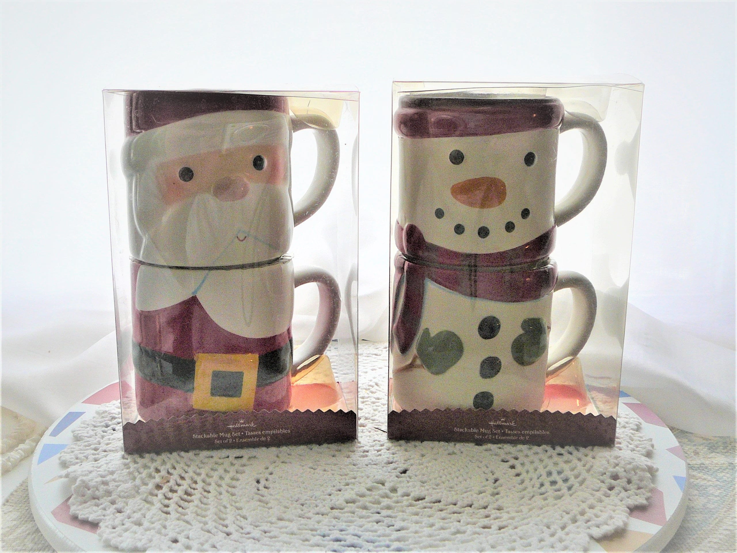Hallmark Christmas Snowman or Santa Mug Set of 2 Stackable White