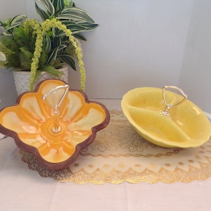 Vintage Candy/Nut Divided Bowl/Tray Pottery Lane & Co California Pottery and Sequoia Ware Yellow Burst Tidbit Tray, USA
