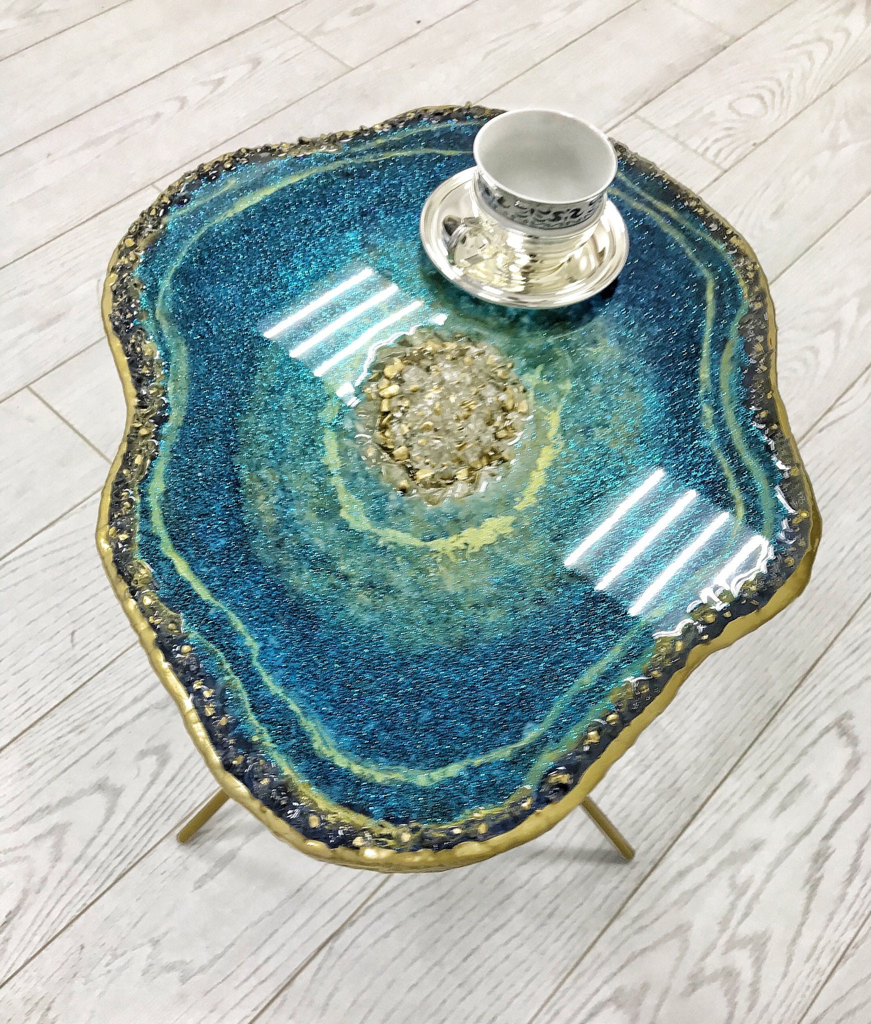Blue epoxy resin coffee table with crystals Modern table top Etsy
