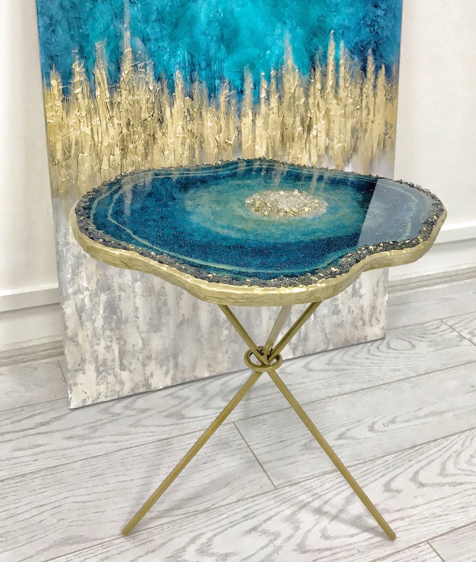 Blue epoxy resin coffee table with crystals Modern table top Etsy
