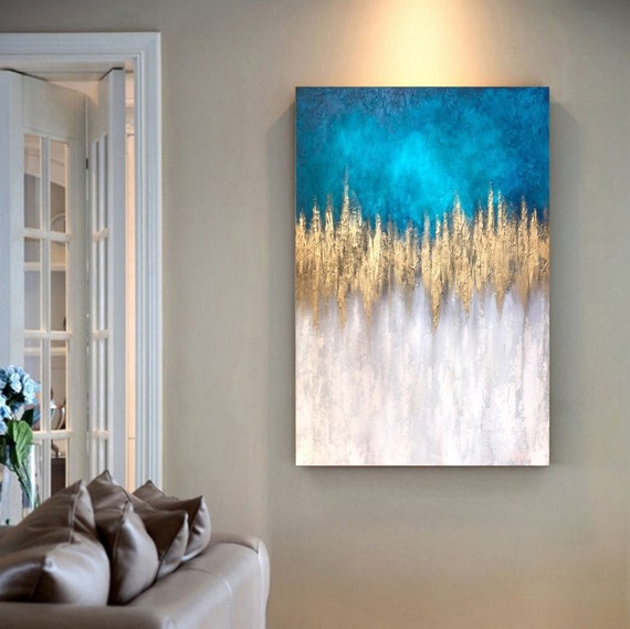 Turquoise and gold contemporary wall art painting Acrylic Etsy