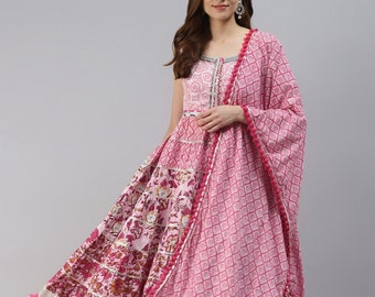 Designer Women Pink Floral Embroidered Gotta Patti Cotton Kurta, Sharara & Dupatta, Wedding, Bridal Dress, Bollywood dress, Plus size dress