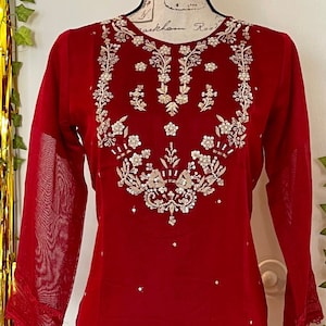 Red Khaadi Net Kurti: Pakistani Tilla Handwork Tunic, Large