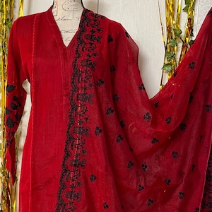 Red Embroidered Salwar Kameez: Khaadi Net Pakistani Suit