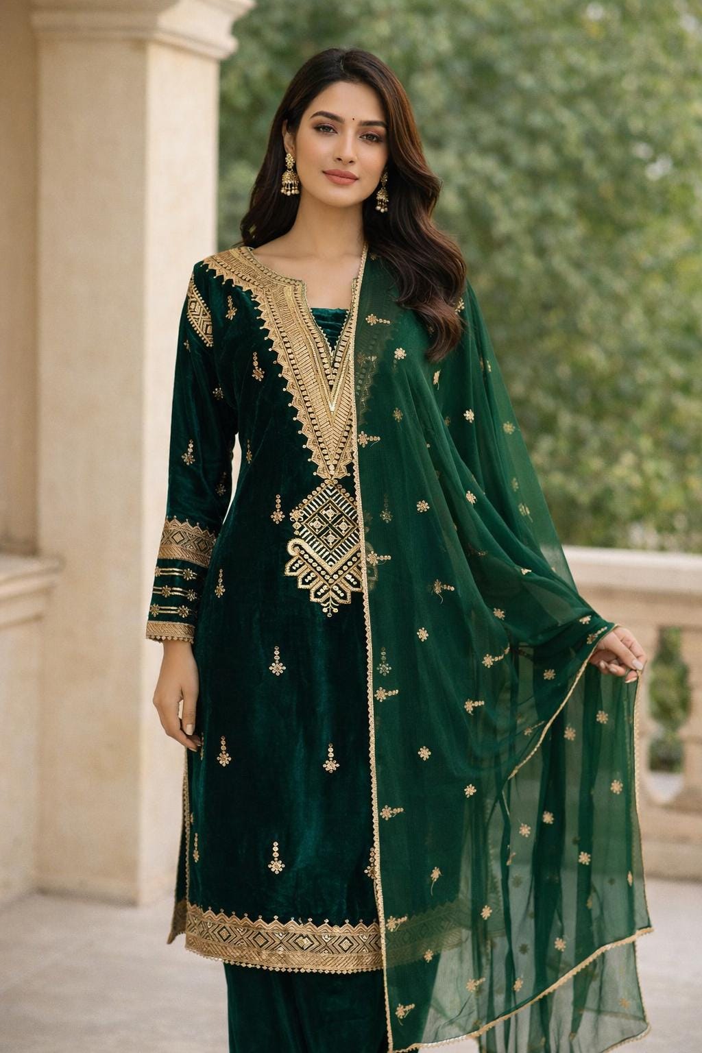 velvet green caftan dress Sufiya Velvet Embroidered Green Velvet Kaftan with palazzo (set of 2), XL main image 0
