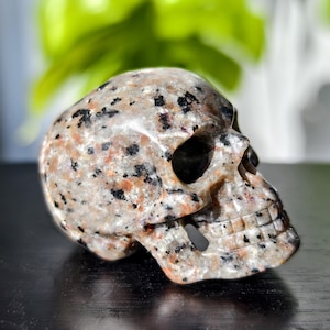 May include: A hand-carved skull made from speckled granite with black, brown, and white markings. The skull is a decorative object.