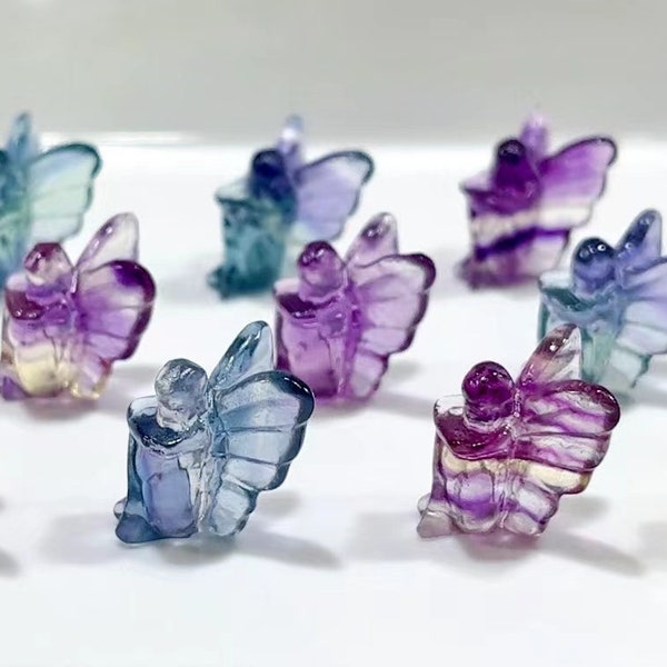 10pcs Mini Natural Rainbow Fluorite Carvings，Fluorite Pendant,Fluorite Flower Faerie,Reiki Healing，Crystal Gifts