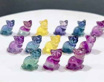 Mini Natural Rainbow Fluorite Carved Cat，Quartz Crystal Carved ,Fluorite Cat Carving,Crystal Pendant,Reiki Healing，Crystal Gifts