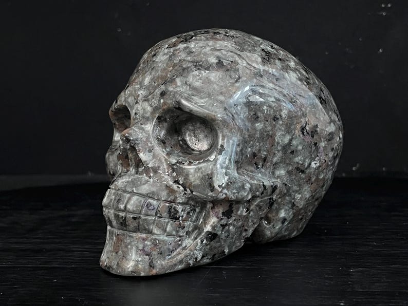 May include: A detailed, hand-carved skull sculpture made from a dark gray and white speckled stone. The skull is a realistic representation of a human skull with intricate details carved into the bone structure.