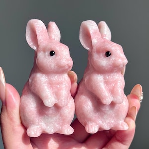May include: Two pink carved stone rabbit figurines. Each bunny has upright ears, small black eyes, and is posed in a seated position. The bunnies are held in a hand with long, manicured nails.