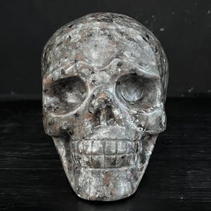 May include: A detailed, hand-carved skull sculpture made from a grey and black speckled stone. The skull has a realistic appearance with defined eye sockets, a prominent nose, and a toothy grin.