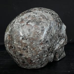 May include: A hand-carved granite skull with a speckled gray, black, and brown pattern. The skull is smooth and polished.
