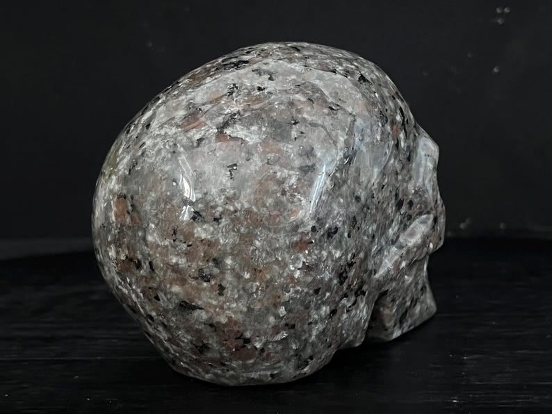 May include: A hand-carved granite skull with a speckled gray, black, and brown pattern. The skull is smooth and polished.
