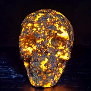 May include: A skull carved from a yellow and black speckled stone, glowing under a black light.