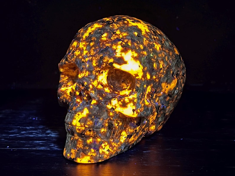 May include: A skull carved from a yellow and brown stone with a speckled pattern. The skull glows under a black light, revealing a bright yellow and orange pattern.