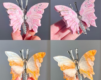 Natural crystal carved butterflies, pink opal butterflies, yellow rutilated quartz flower butterflies,home decoration, Christmas gifts