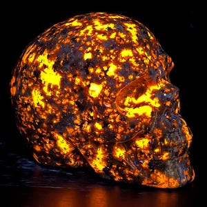 May include: A human skull carved from a dark brown stone with a unique pattern of bright orange and yellow flecks. The skull is illuminated from within, creating a glowing effect.