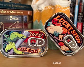 Trinket Novelty Fish Tins for Collectables Office Supplies Coins Treasure Keepsakes and More | Oops! All Eels and Lucky Stuff Designs